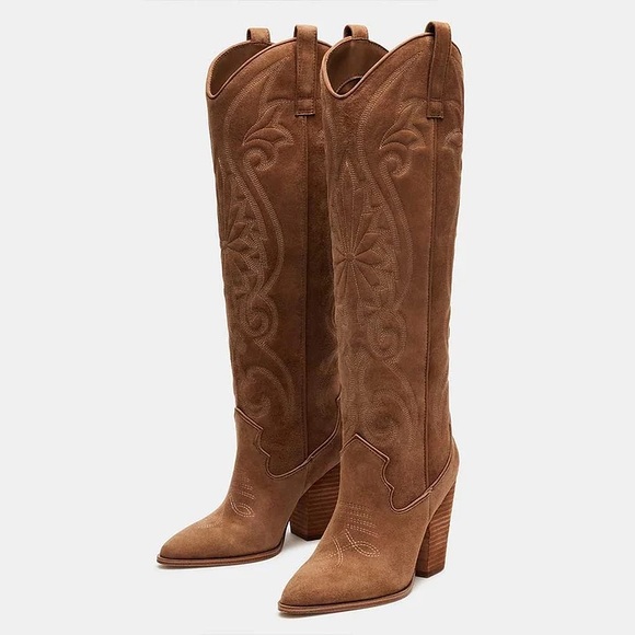 Steve Madden Lasso Pointed Toe Chunky Heel Knee-high Brown Cowboy Boots 8 - Picture 5 of 15